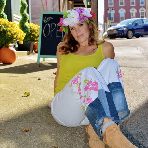 White Denim Bell Bottoms - Pink Floral Pants - Picture 3 of 8